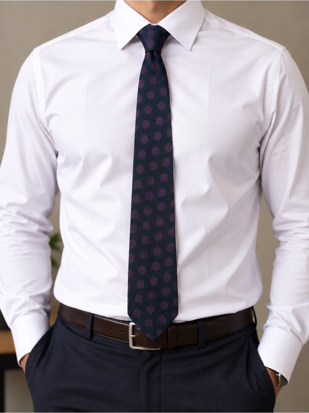 Giorgio Armani Made in Italy Navy Tie with Purple Polka Dots